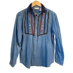 Casey & May Button Front Embroidered Denim Button Down Boho Cottagecore Size L